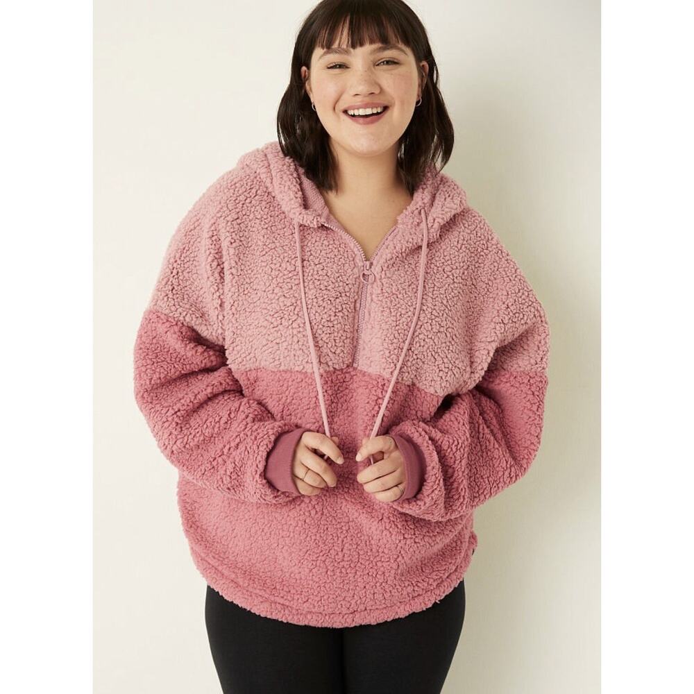 Victoria Secret PINK Varsity Sherpa Half Zip Pullover Hoodie Sweater XXL NWT
